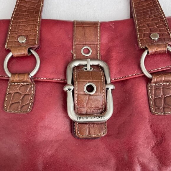 Franco Sarto Red Leather Embossed Brown Trim Shoulder Bag Dual Straps Buckle - Picture 4 of 16